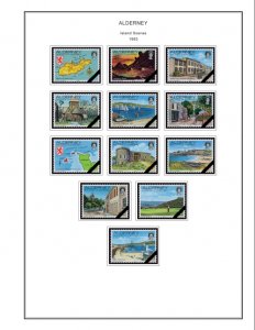 COLOR PRINTED GB ALDERNEY 1983-2020 STAMP ALBUM PAGES (89 illustrated pages)