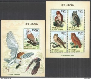 IC17 2014 IVORY COAST AFRICAN FAUNA OWLS BIRDS OF PREY #1549-2+BL197 MNH