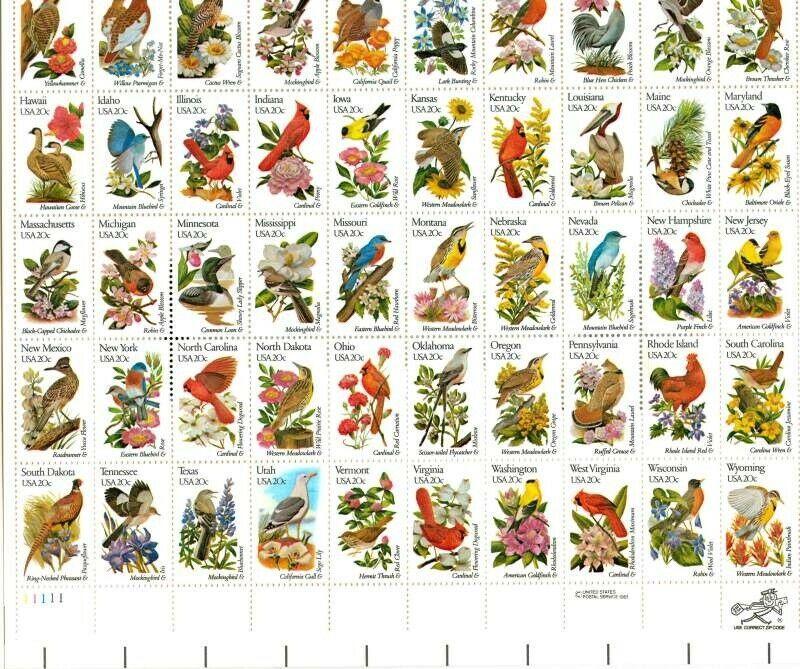 1982 STATE BIRDS & FLOWERS MNH sheet Sc 2002b  CV $27.50 Perforated 10½ X 11