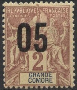 Grand Comoro 20 (mhr) 5c on 2c navig. & commerce, brn on buff (1912)