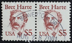 U.S. Used #2196 $5 Bret Harte Pair, Superb. Lovely Aug 28, 2001 CDS Cancel. Gem!