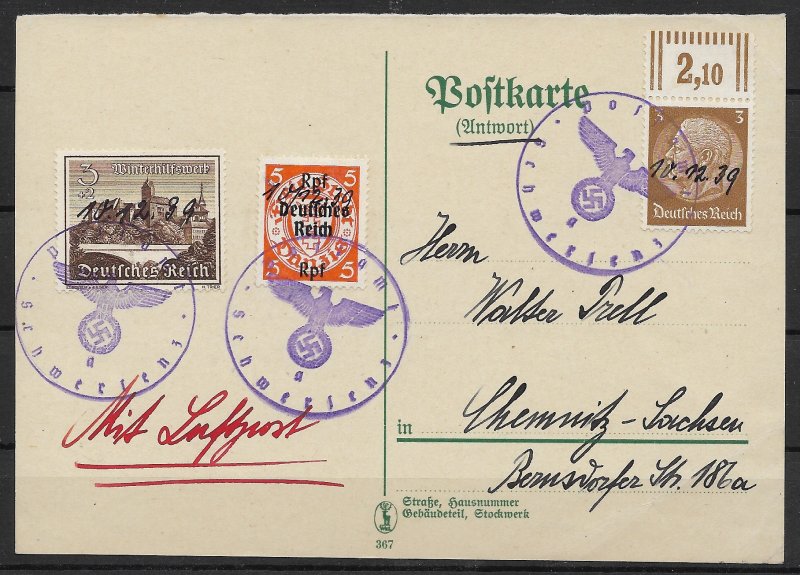 Occupation of Poland: 1939 Card to Chemnitz with Provisional Cancellations