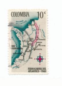 Colombia 1962 Scott 748 used - 10c, Railroads map