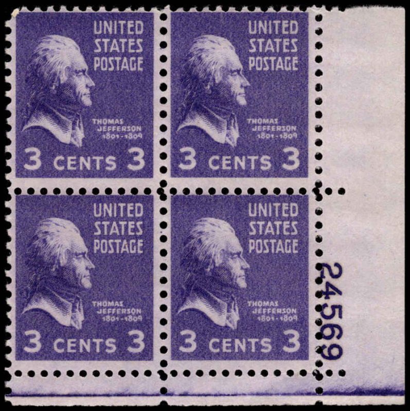 US #807 JEFFERSON MNH LR PLATE BLOCK #24569