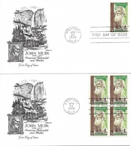 #1245, 5c John Muir, Artmaster cachet, single/block of 4