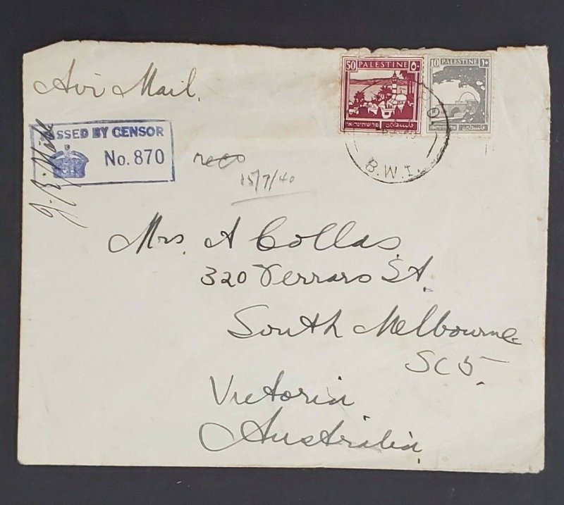 1940 Palestine Australian Army Base P.O. B.W.1 Melbourne Censored Airmail Cover