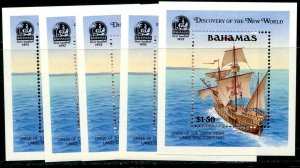 BAHAMAS Sc#729 1991 Columbus Souvenir Sheet Wholesale Lot of 5 OG Mint NH