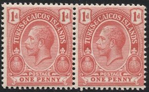 TURKS & CAICOS ISLANDS 1913 Sc 26 Mint NH pair 1d  VF