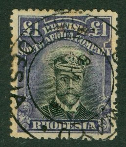 SG 243 Rhodesia £1 black & violet. Very fine used CAT £600