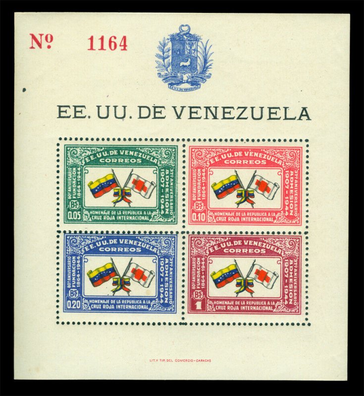 VENEZUELA 1944  RED CROSS Anniversary BLOCK  Scott # 388 mint MH