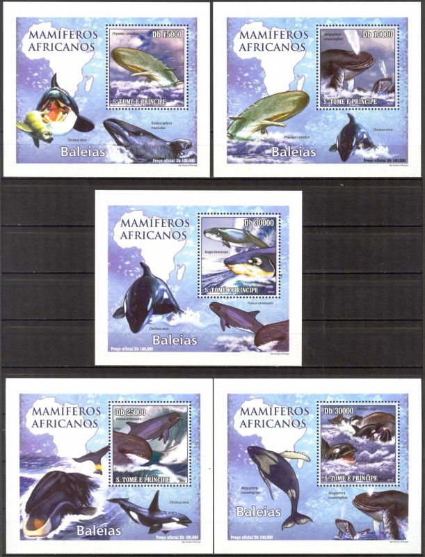 {059} Sao Tome & Principe 2010 Whales 5 S/S Deluxe MNH**