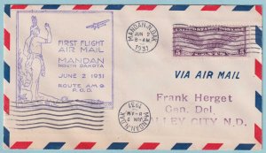 UNITED STATES FIRST FLIGHT COVER - 1931 FROM MANDAN NORTH DAKOTA - CV384