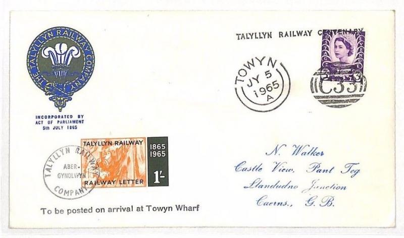 GB WALES REGIONAL Cover *Talyllyn Railway* 1s Letter Stamp 1965 {samwells}AJ83