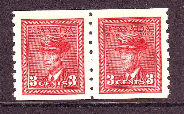 Canada Sc 265 1942 3 c dark carmine G VI coil stamp pair mint NH