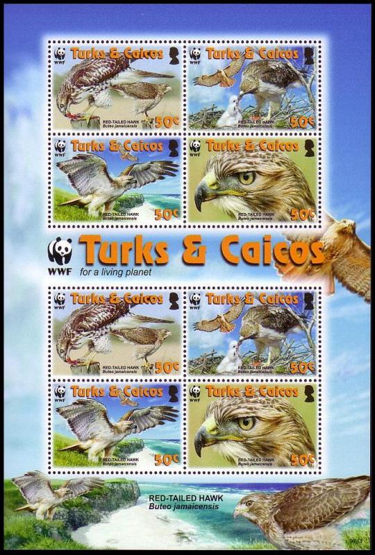 Turks and Caicos Birds WWF Red-tailed Hawk Sheetlet of 2 sets SG#MS1974