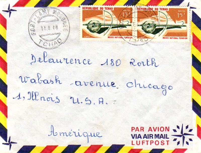 Chad 15F Musical Instruments (2) 1968 Fort-Lamy Mosquee, Tchad Airmail to Chi...