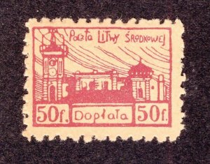 Central Lithuania 1920-21 50f red violet University Postage Due, Scott J1 MH