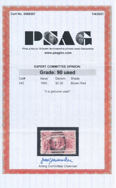 US 242 $2 1893 Columbian Exposition Columbus in Chains PSAG grade 90 used