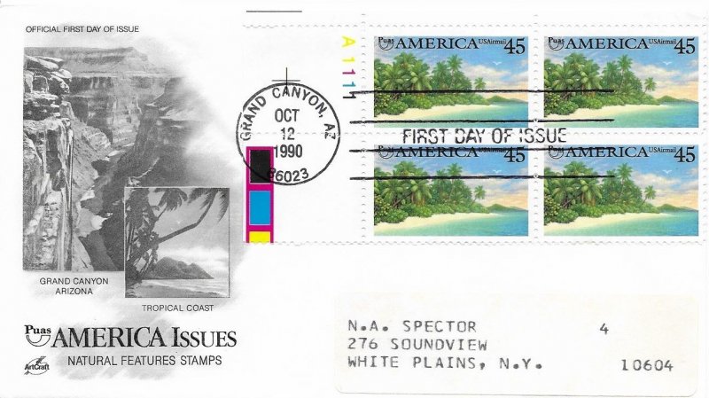 1990 Air Mail FDC, #C127, 45c America, Art Craft, block of 4