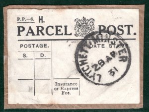 GB KGV Dorset PARCEL POST LABEL *LYTCHETT MINSTER* CDS 1931 {samwells}BROWN121