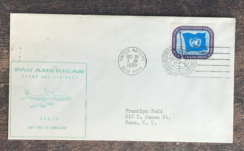 D)1959, UNITED NATIONS, ON AIR MAIL OF THE FIRST PAN AMERICAN JET, FROM NEW