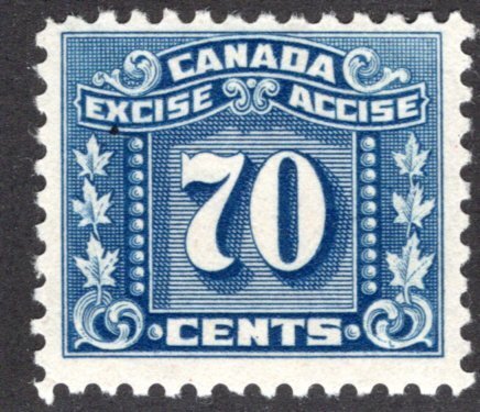 van Dam FX81, 70c blue, MLH, Three Leaf Federal Excise Revenue Tax Canada