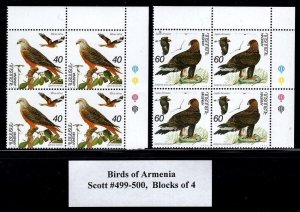 Armenia Scott 499-500, Birds of Armenia, MNH all Blocks of 4, Free Shipping