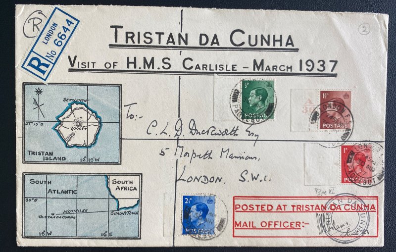 1937 Tristan DA Cunha Cover To London England Visit Of HMS Carlisle Signed