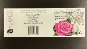 3052d  Love Stamps Coral Pink Rose 33 c  pane of 20 S2222 FV $6.60