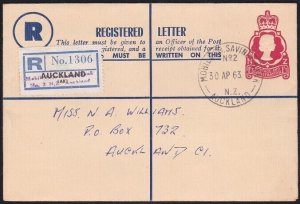 NEW ZEALAND 1963 1/3d reg envelope - Mobile Savings Bank Auckland cds......A9096