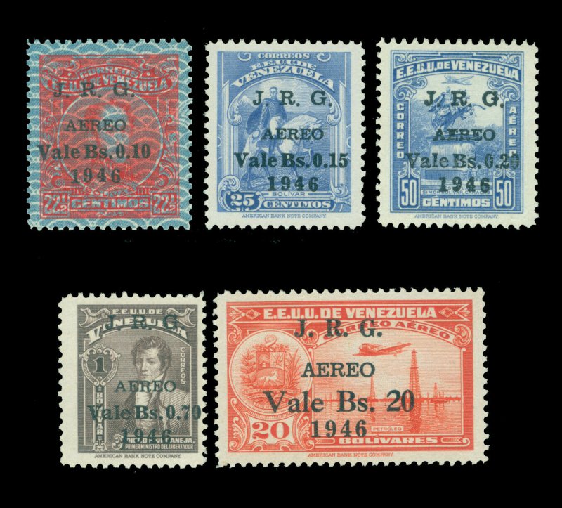 VENEZUELA 1947 AIRMAIL - J.R.G. surcharged set  Scott # C223-C227 mint MNH