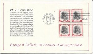 US#834  $5.00 Calvin Coolidge Block of 4 (FDC) CV $800.00