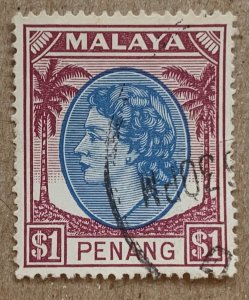 Malaya Penang 1954 $1 QEII, used. Scott 42, CV $0.35. SG 41