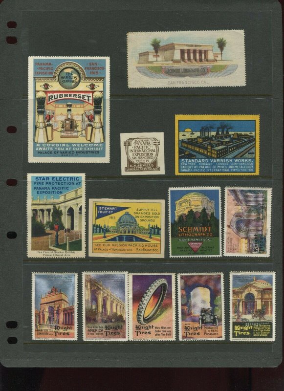 1915 PPIE SOUVENIR SCARCE GROUP OF 13 EXHIBITOR POSTER STAMPS (L3014) CALIFORNIA