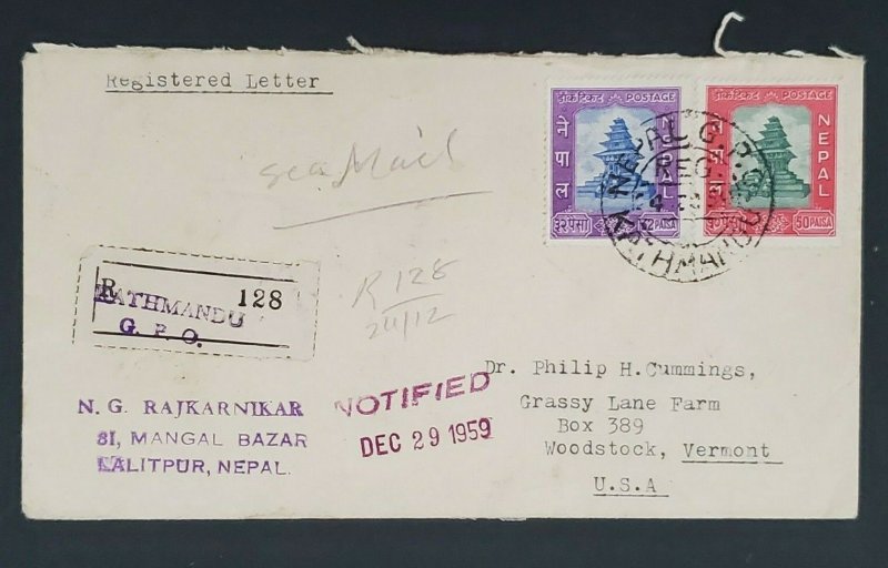 1959 Kathmandu Nepal Philip Cummings Woodstock Vermont Registered Sea Mail Cover