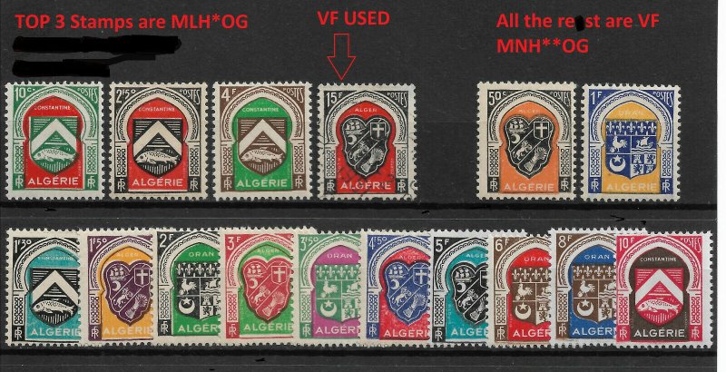 French Algeria 1947-49,Coat of Arms,Sc # 210-225,VF MNH**,3 VF MLH,15fr VF USED