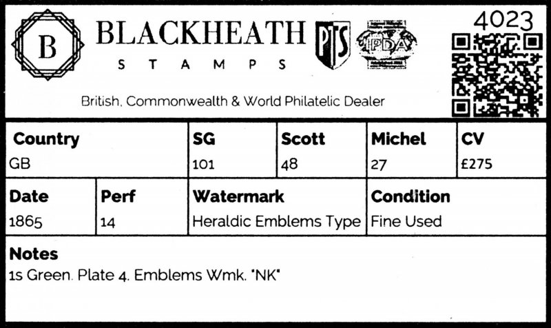 4023: GB SG101 1s Green. Plate 4. Emblems Wmk. NK 1865. Sc#48 Mi27  Fine Us...