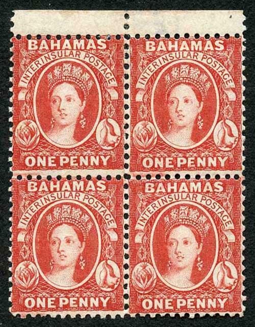 Bahamas SG40 1882 1d scarlet-vermilion wmk CA perf 12 block of 4