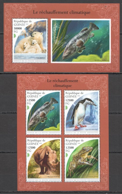 HM0134 2018 GUINEA FISHES ANIMALS PENGUINS GLOBAL WARMING #13436-9+BL2989 MNH