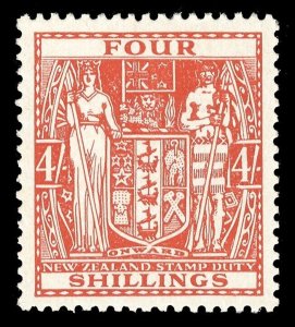 New Zealand 1940 KGVI Arms Fiscal 4s Wmk Upright MLH. SG F194. Sc AR77.