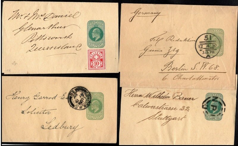 1900s 4 KE VII Preprinted 1/2d Wrappers Ledbury Germany Switzerland 