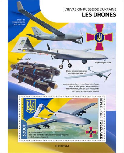 TOGO 2022 RUSSIAN INVASION OF THE UKRAINE DRONES SET OF TWO  S/SHEETS  MINT NH 