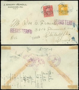 1922 Hanover PA, REG'D Cover, Stamp Dealer J EMORY RENOLL C/C to Phila, #492 510