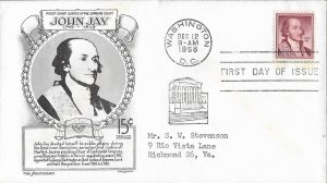 1958 FDC, #1046, 15c John Jay, Aristocrats-Lowry, single & block of 4