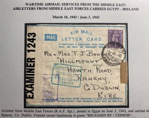 1943 Middle East Force Egypt Censored Air Letter  Cover to Dublin Ireland