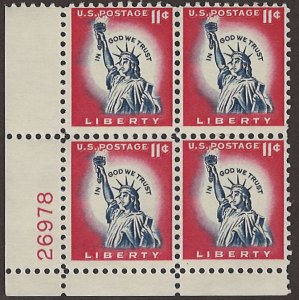 Scott # 1044A 1961 11c car & dk vio  Statue of Liberty  Plate Block - Lower L...