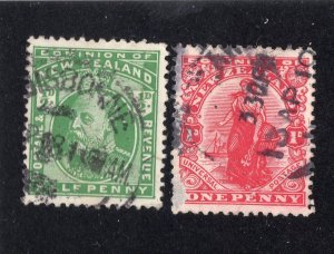 New Zealand 1909 1/2p yellow green & 1p carmine, Scott 130-131 used, value = 75c