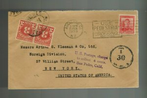 1939 AUckland New Zealand Cover to New York NY USA Postage due