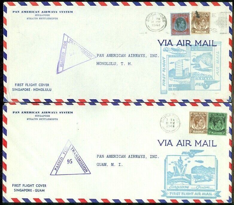 EDW1949SELL : STRAITS SETTLEMENT 4 1941 AirMail First Flight cover to USA & Poss