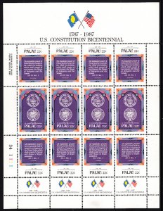 Palau 1987 MNH Sc 160a Sheetlet of 12 22c US Constitution Bicentenary